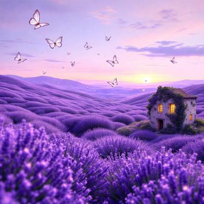 The primary subject of the image is a small house with a purple roof, surrounded by a field of purple flowers. The setting is a beautiful, purple-hued landscape with a sunset in the background. The visual style of the image is a combination of photo and digital art, creating a surreal and dreamy atmosphere. The dominant colors and overall mood of the image are purple and serene, evoking a sense of tranquility and wonder.